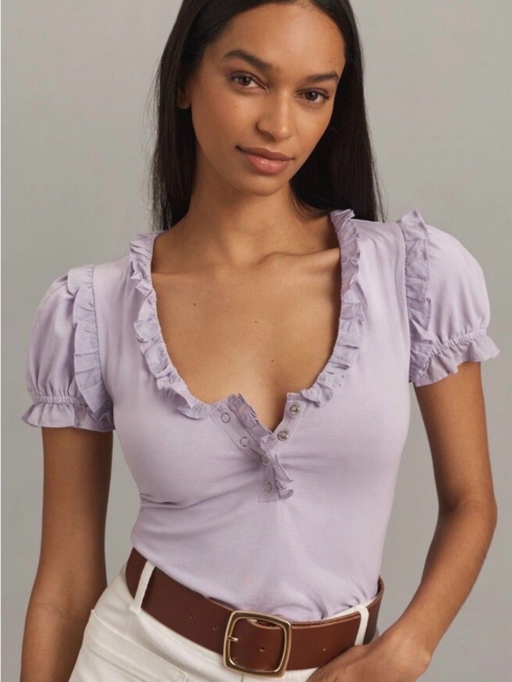 Anthropologie Lilac Ruffle V-Neck Short Sleeve Tee